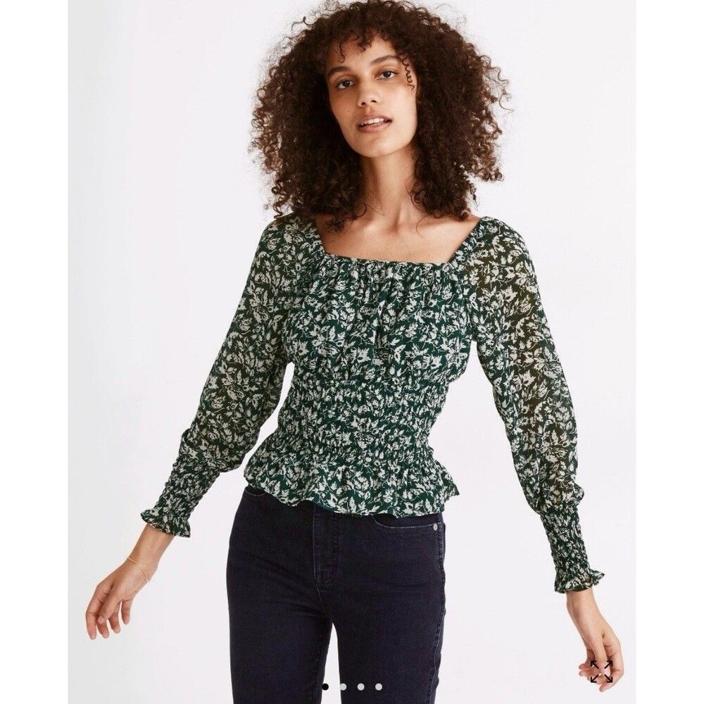 Madewell Square Neck Smock Wave In Forest Green Blouse Size Small Women’s